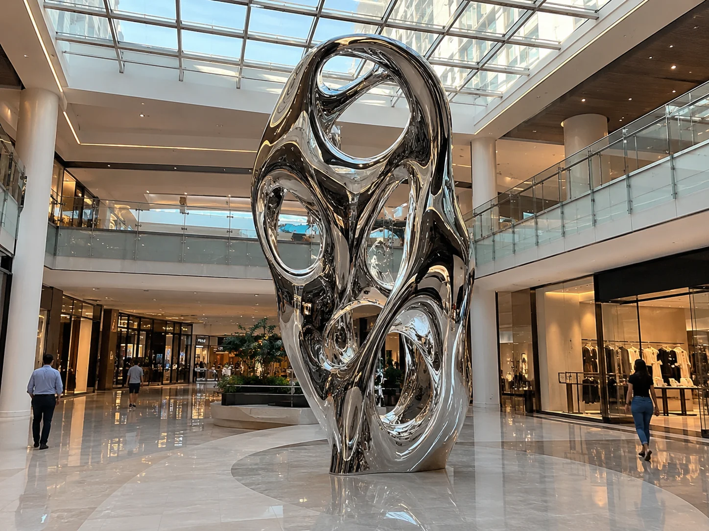 Large mirror polished stainless steel sculpture in a modern shopping mall atrium