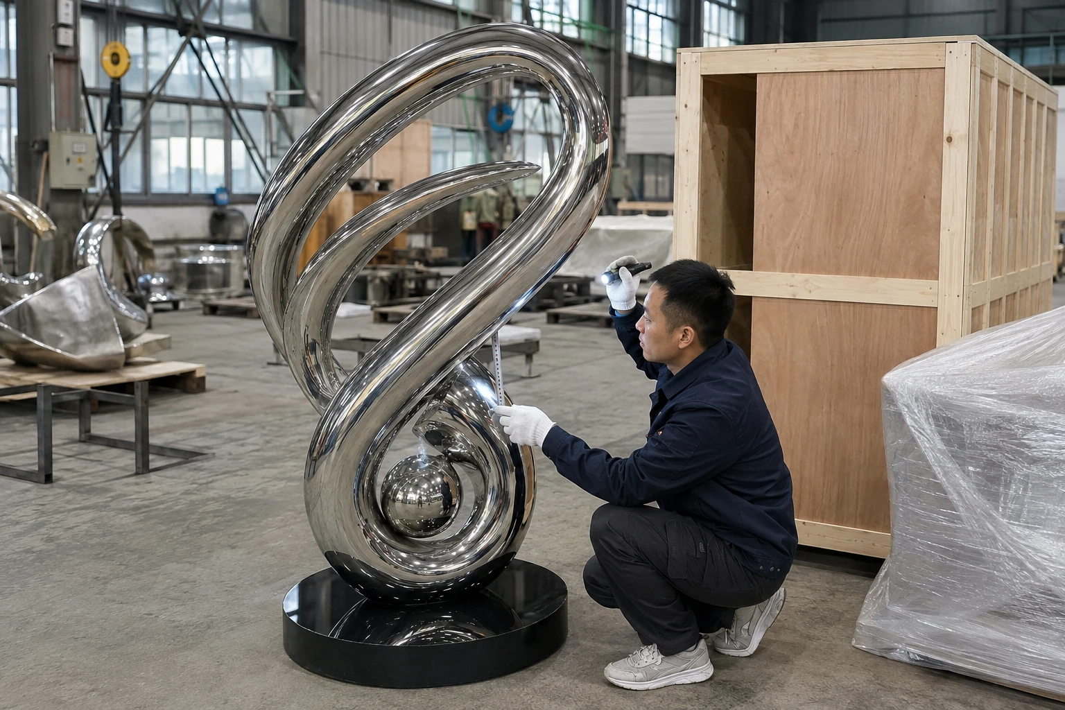 Quality inspection of finished mirror polished stainless steel sculpture by craftsman in factory