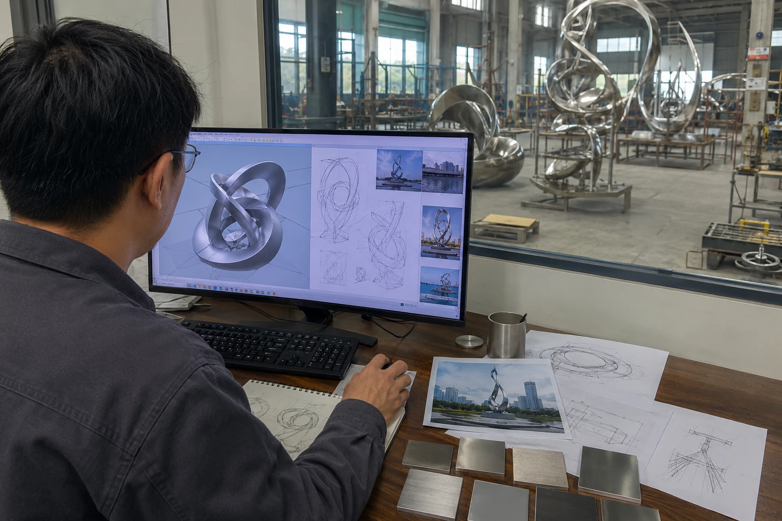 Stainless steel sculpture designer creating 3D CAD model and concept drawings in factory design office