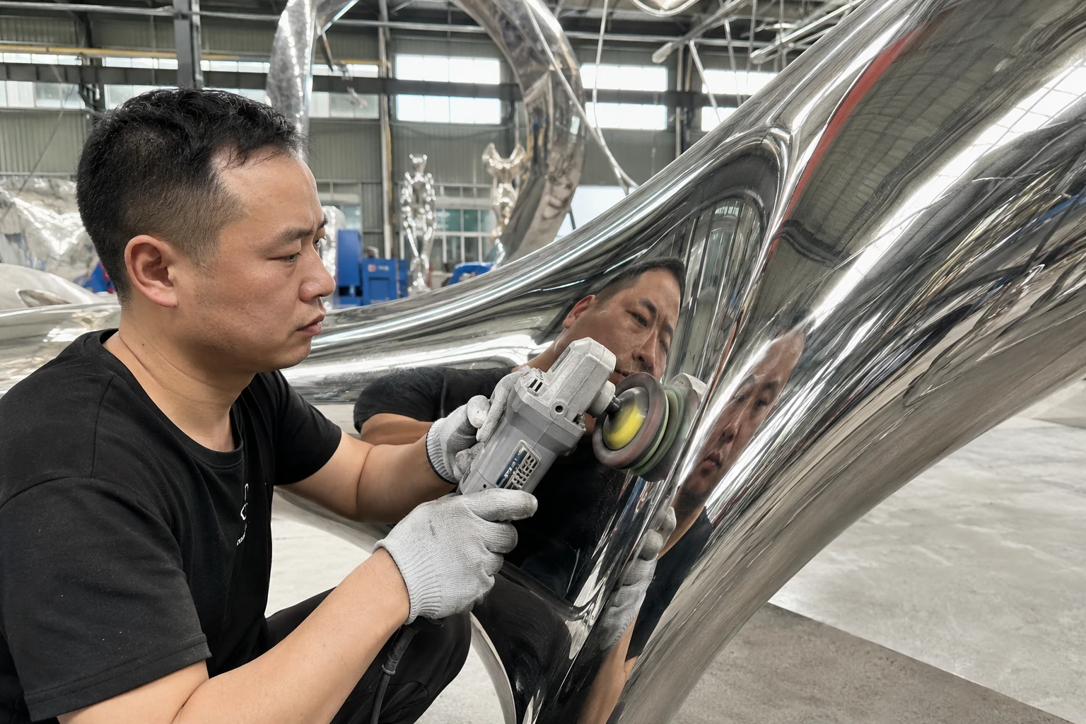Craftsman polishing mirror finish stainless steel sculpture surface in factory workshop