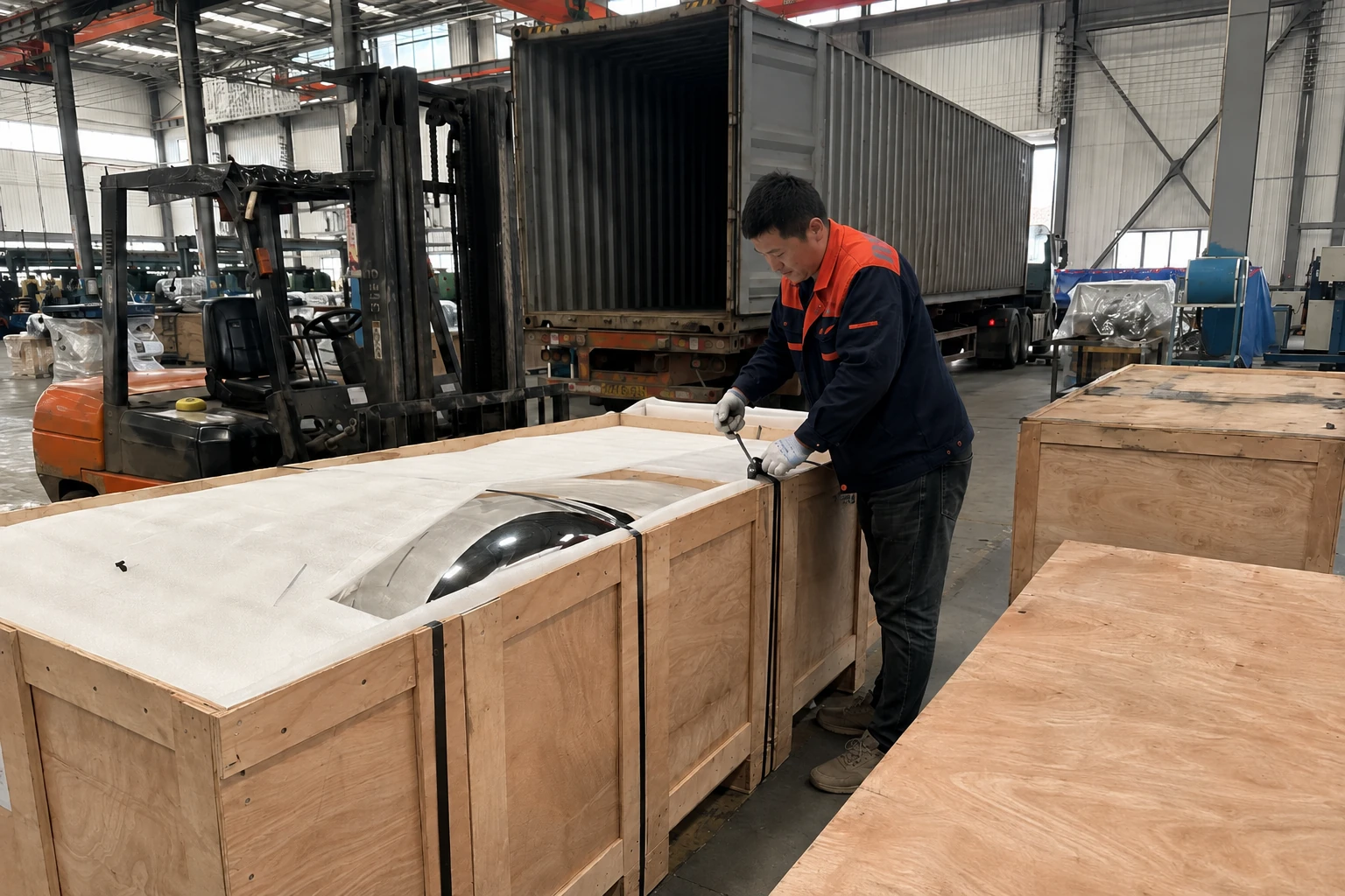 Stainless steel sculpture export packaging process with wooden crate and factory worker preparing shipment