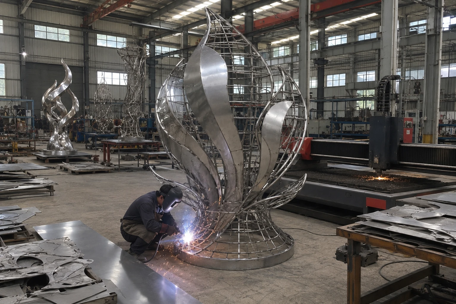 Stainless steel sculpture welding process with craftsman fabricating metal structure in factory workshop