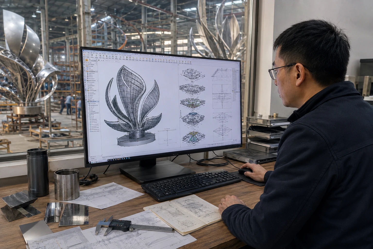 Stainless steel sculpture design engineer reviewing 3D CAD drawings in factory workshop