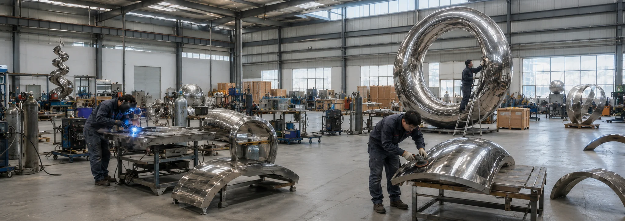 Custom stainless steel sculpture manufacturing factory with craftsmen