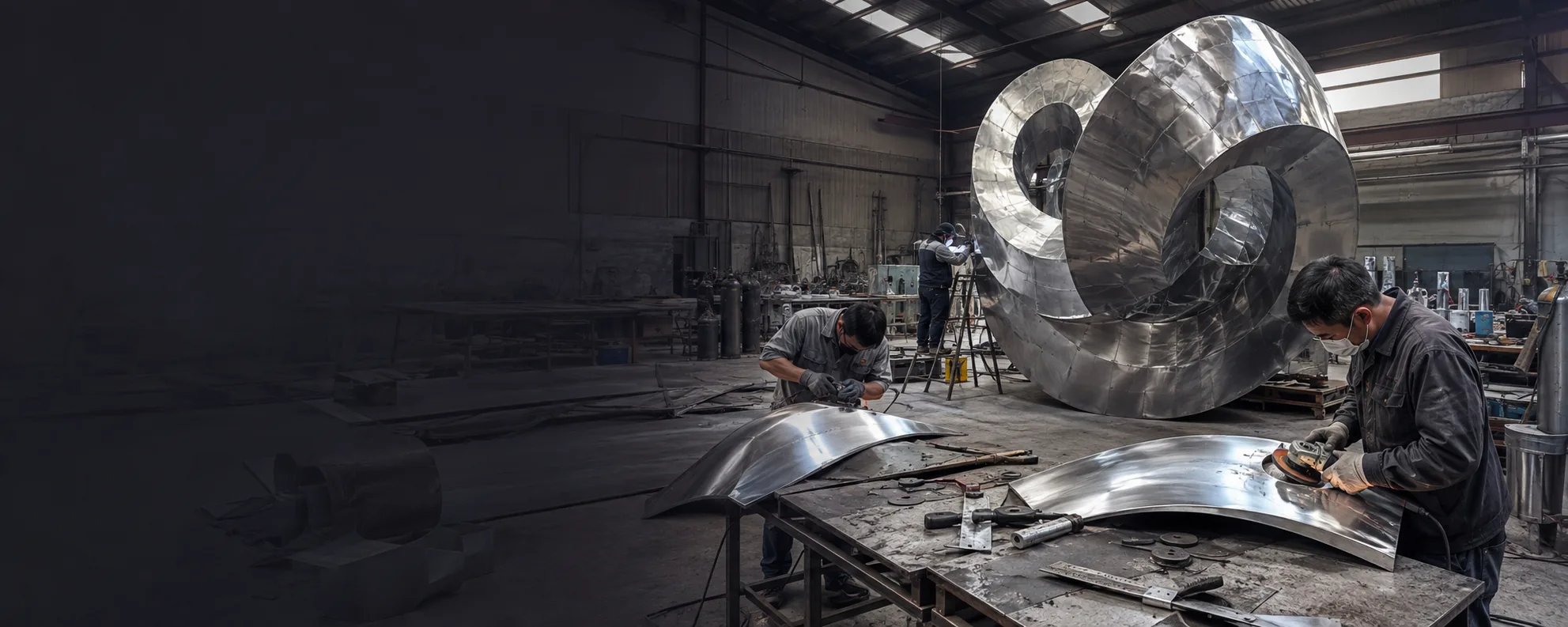 Stainless steel sculpture manufacturing process in factory workshop with skilled workers