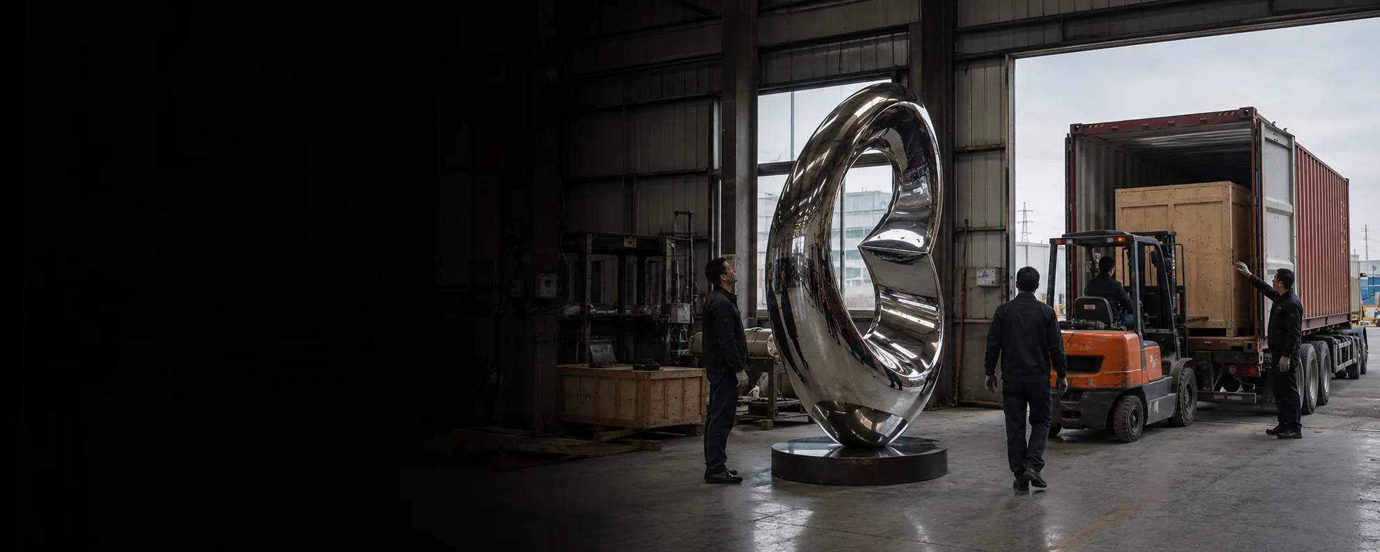 Stainless steel sculpture factory manufacturing and container loading for export shipment